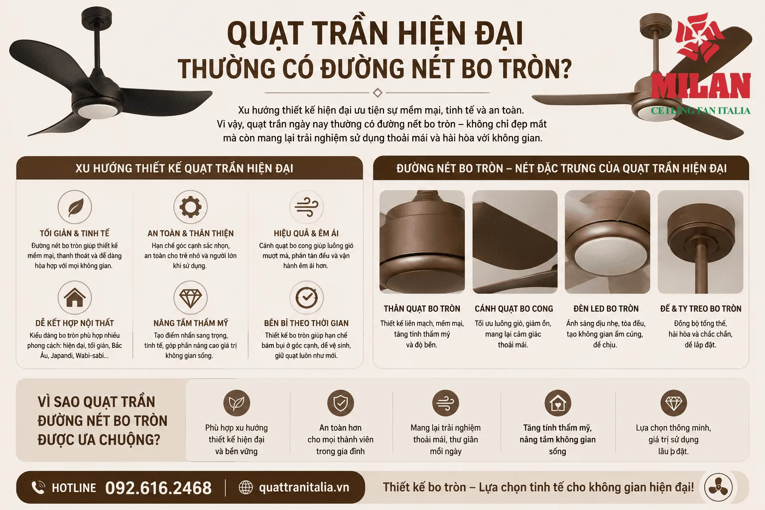 quạt trần hiện đại có đường nét bo tròn